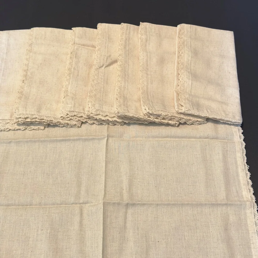 Set of 8 Cotton Linen Blend Napkins Oatmeal Beige Lace Trim 18x18 Farmhouse